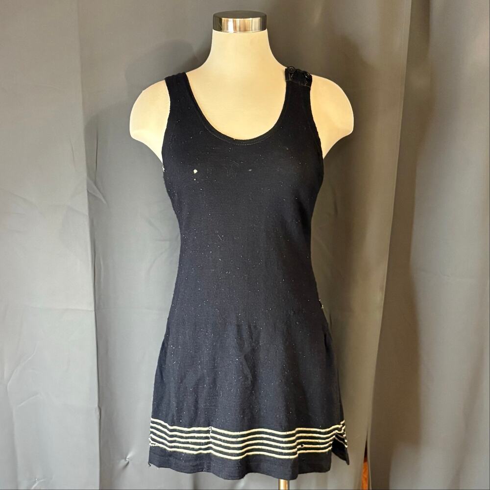 Vintage Antique Wool 1920s 1930s Swimsuit Black Cream Stripe XS S